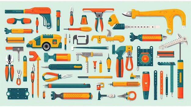 Construction tools Cartoon caricature tools Different instruments Screwdriver saw brush hammer knife scissors wrench etc Hand drawn Vector set All elements are isolated Generative Ai