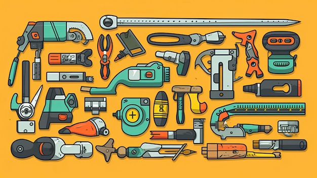 Construction tools made from all of the above cartoon caricature tools isolated line art flat vector illustration generative ai