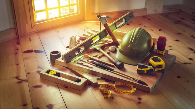 Construction tools placed on wooden floors