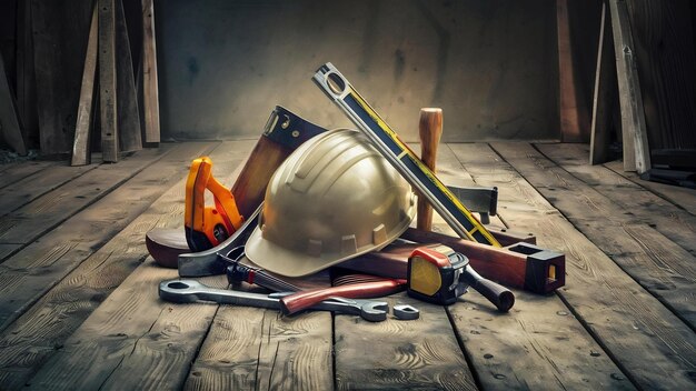 Construction tools placed on wooden floors