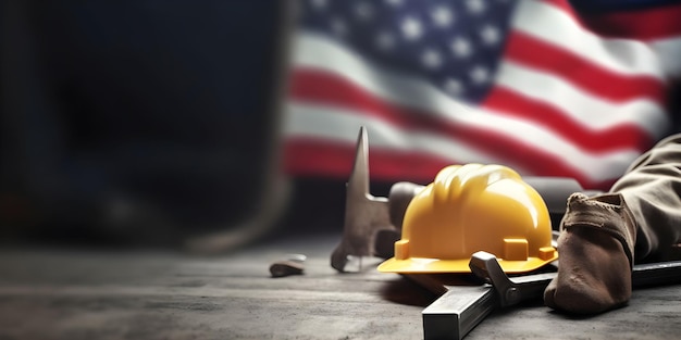 Foto strumenti di costruzione con bandiera americana su sfondo nero scuro striscione della festa del lavoro ai generativa