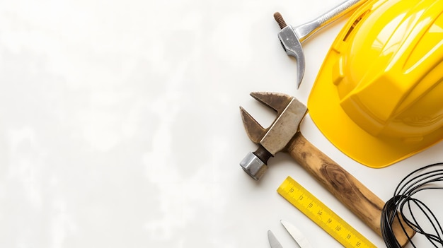 construction tools and yellow helmets on white paper background