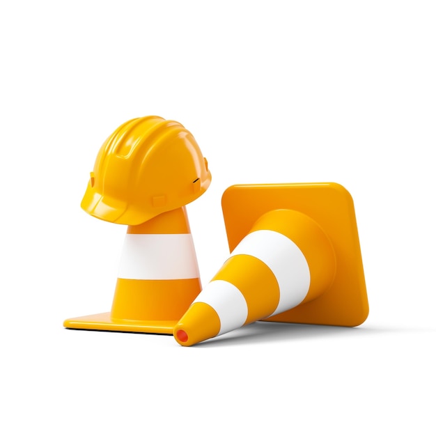 Under construction, traffic cones and safety helmet, isolated on white background. 3D rendering