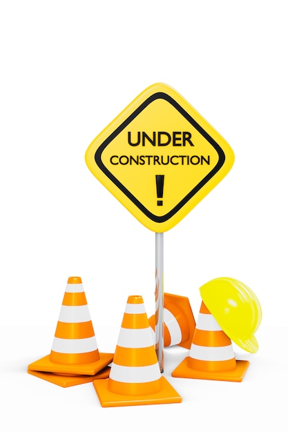 Under construction traffic cones and sign with hardhat