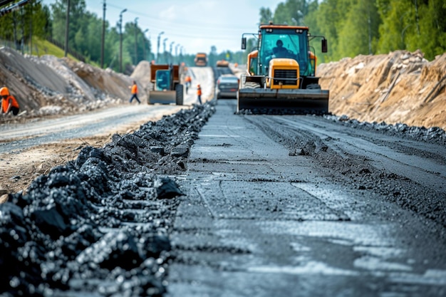 Construction Trucks Driving Down a Road