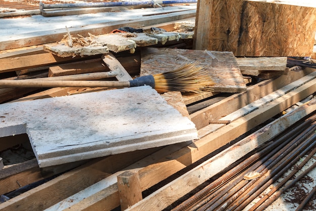 Construction waste on the roof of the house under construction