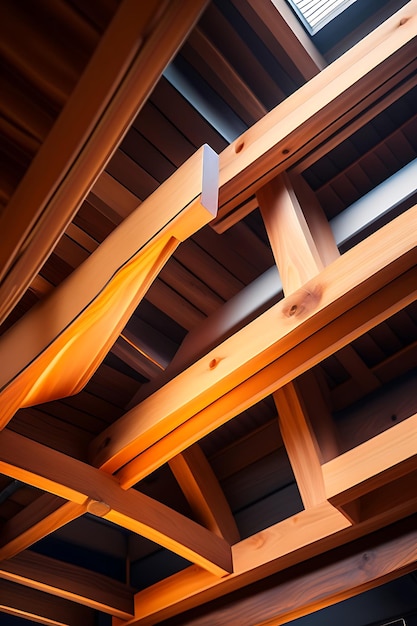 Construction of a wooden roof with wooden beams wood ceiling element