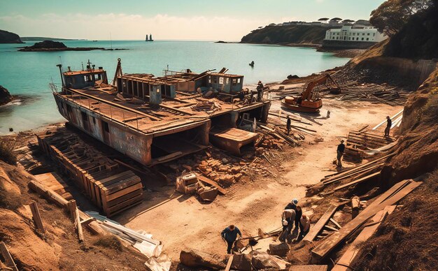 Construction work is being done by workers at the site in a area near the ocean