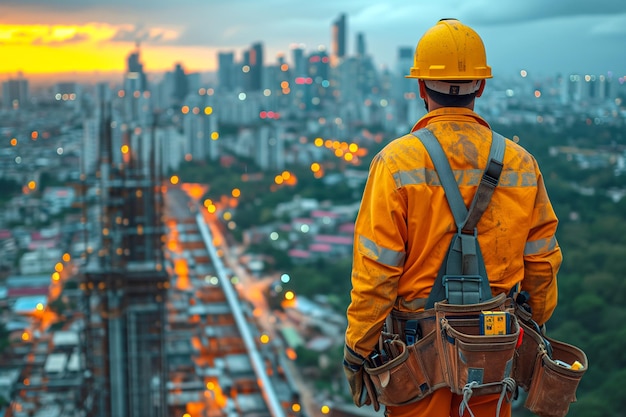 写真 都市のパノラマを見下ろす高層ビル工場の建設作業員