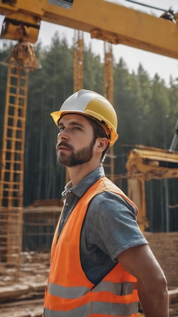 Construction worker on building site by forest