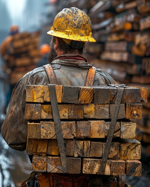 A Construction Worker Carrying Stack Lumber Wallpaper