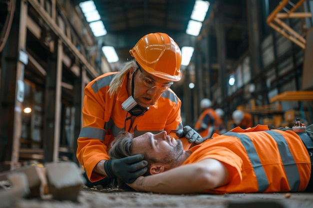 Photo construction worker checking on an injured colleague