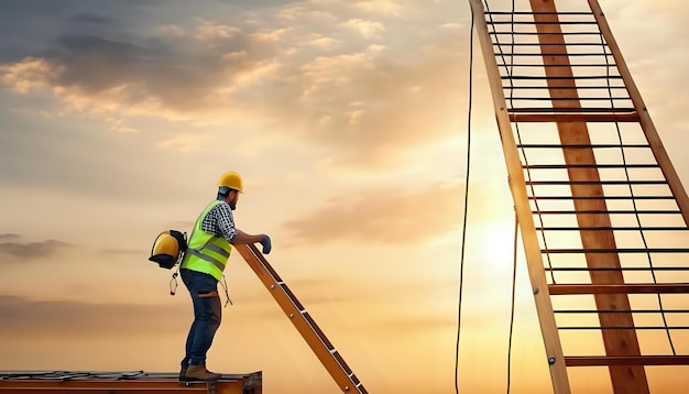 A construction worker climbing a ladder
