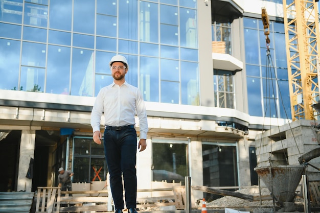 A construction worker control in the construction of roof structures on construction site and sunset background