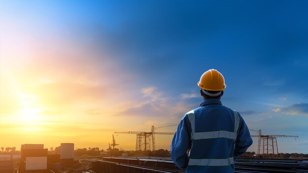 A construction worker control construction site and sunset