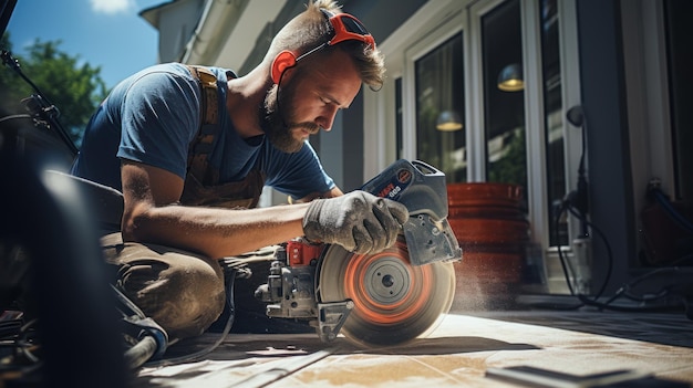 Construction worker cuts concrete floor for electrical cable builder uses circular saw with