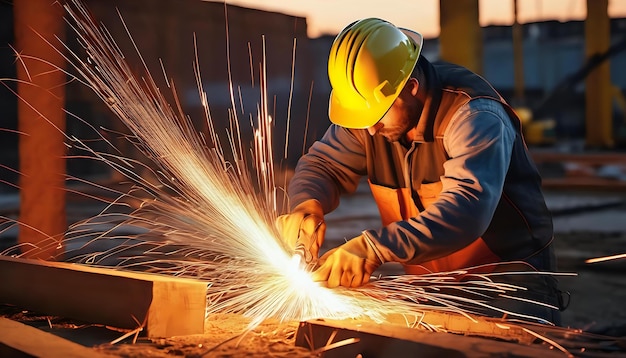 A construction worker cutting rebar with a torch