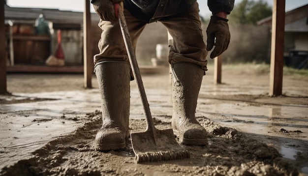 Construction worker digging with shovel on rural construction site outdoors generated by AI