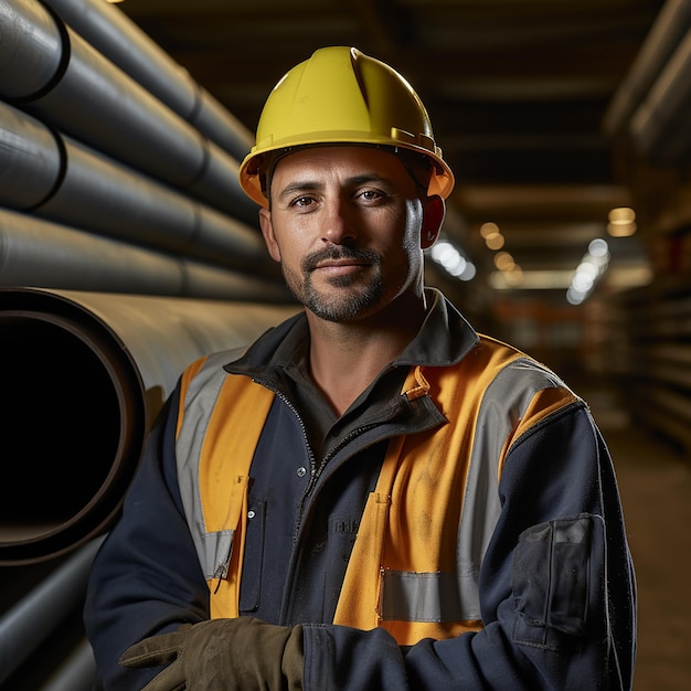 Construction Worker Expertly Handling Pipe