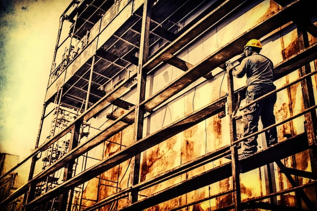 Construction worker fixing metal tracks on scaffolding near building created with generative ai