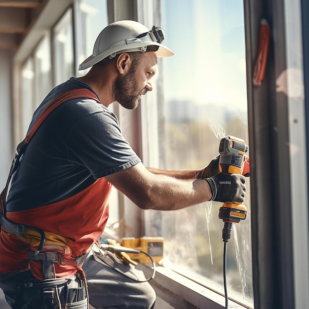 Photo construction worker fixing plastic window frame