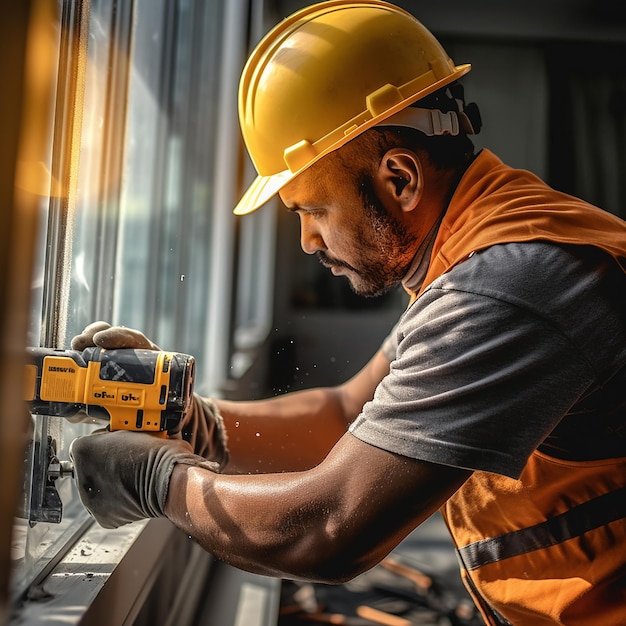 Construction Worker Fixing Plastic Window Frame