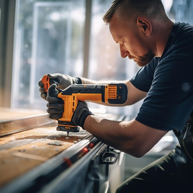 Photo construction worker fixing plastic window frame