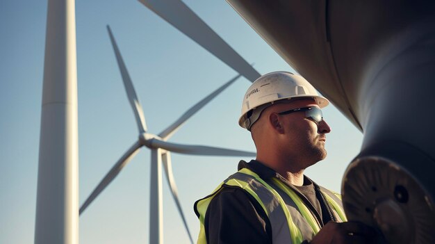 a construction worker in front of a wind turbine