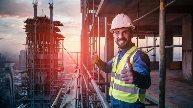 Construction worker gesturing thumbs up