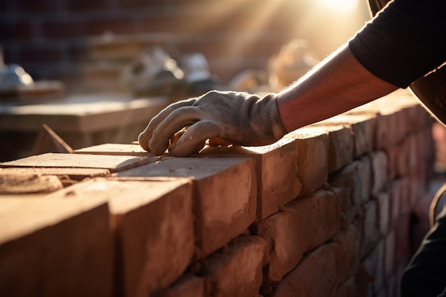 construction worker hand doing masonry wall bokeh style background