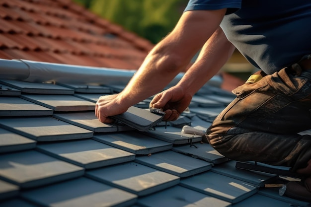 Construction worker hands working on roof tiles installation closeup Generative AI