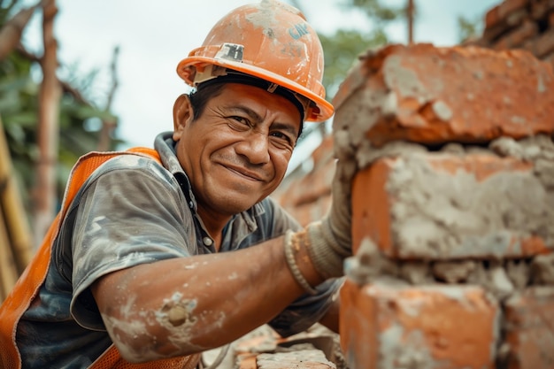 A construction worker happily laying bricks and carefully aligning them to build a sturdy wall taking pride in craftsmanship