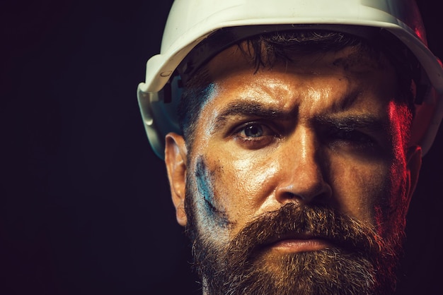 Construction worker in hard hat portrait of mechanical worker close up engineers working builder in