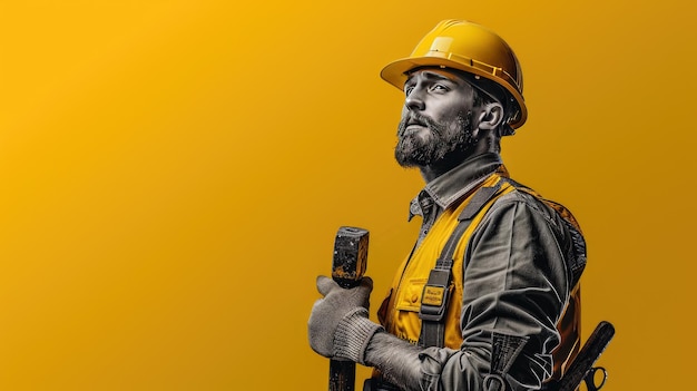 A construction worker in a hard hat safety vest holding a hammer standing on a construction site solid color background