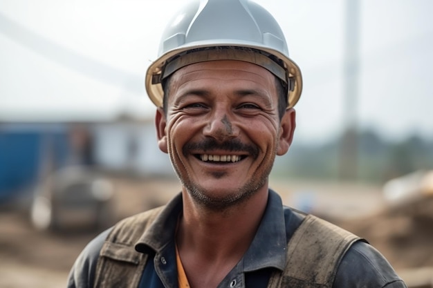 A construction worker in a hard hat with a big smile on his face as he works on a building site