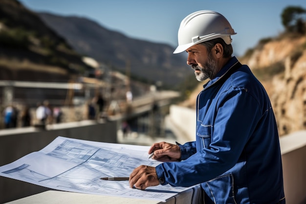 Construction worker in hardhat examining bridge blueprints at construction site for inspection work