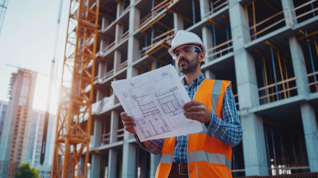 Construction worker in highvisibility clothing with hard hat at building site AIG41