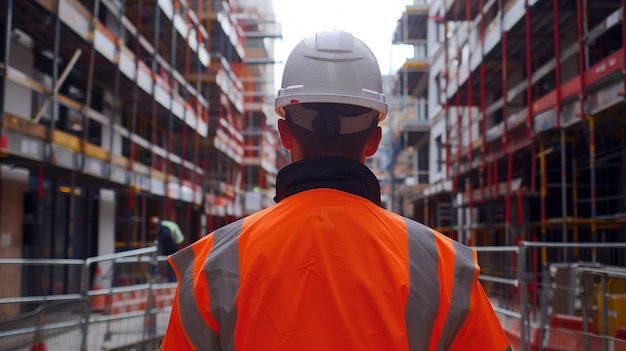 A construction worker in a highvisibility orange jacket and white helmet oversees a building site