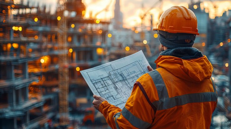 Construction Worker Holding Blueprint at a Brightly Lit Construction Site in High Detail