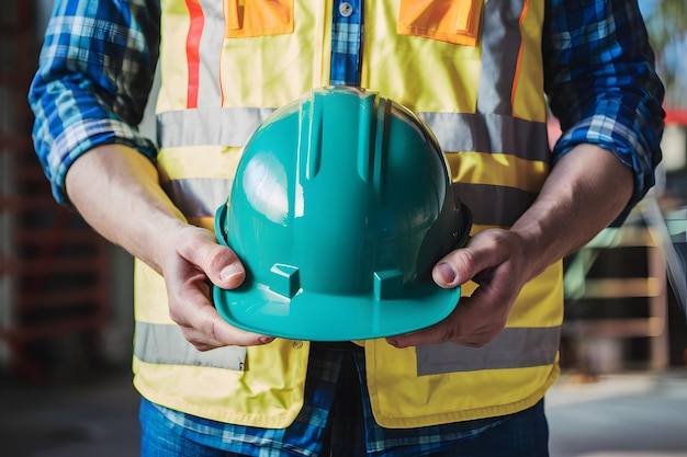 Photo construction worker holding a hard hat in hands close up