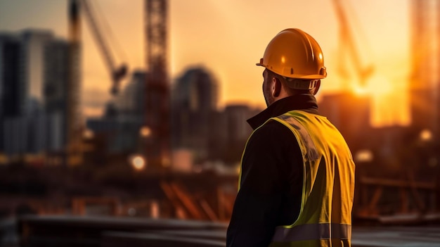 Construction worker holding his helmet and wearing fluorescent waistcoat