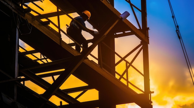 Construction Worker Inspecting Blueprints at Dawn AIG41