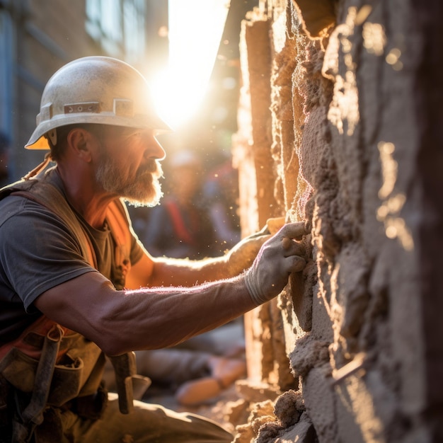 Construction worker inspecting a building