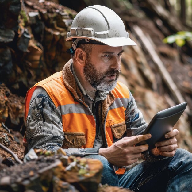 Construction Worker Inspecting Tablet on Site