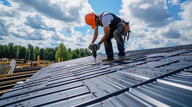 Construction worker installing new roof