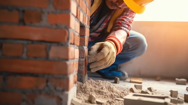 A construction worker is building a brick chimney.