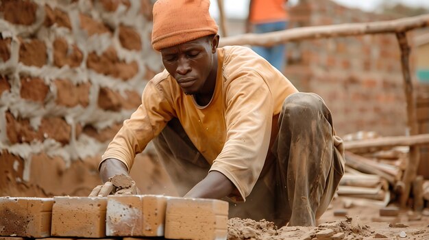 Photo a construction worker is hard at work building a house