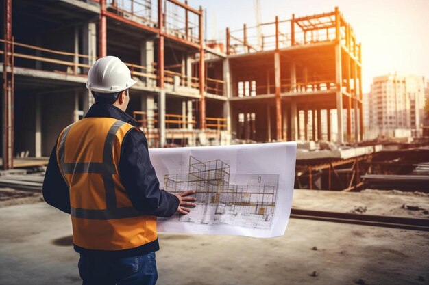 a construction worker is holding a map and a building under construction