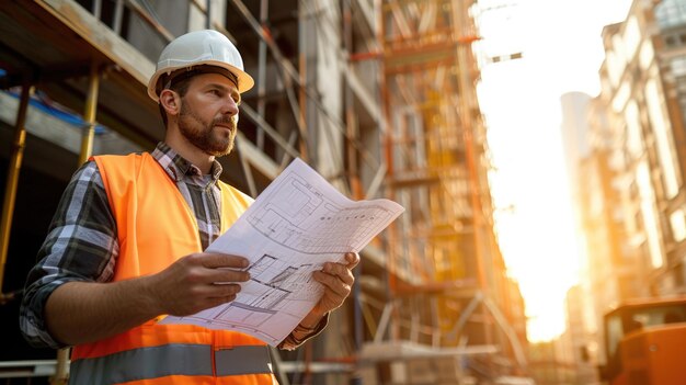 Photo a construction worker is looking at a blueprint at a construction site aig