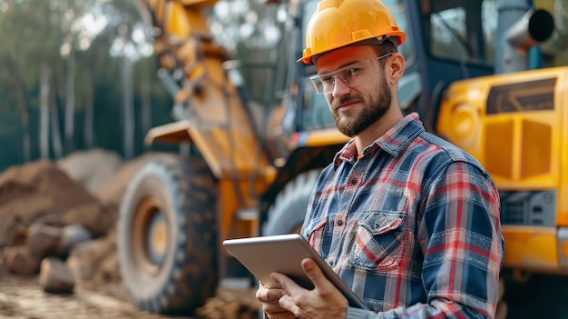 Photo a construction worker is seen carrying a tablet in front of the machinery generative ai